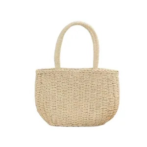 Minimalistische strodaghandtas voor vrouwen, casual zomerse strandtas, beige gevlochten tas.
