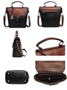 Vista dettagliata della borsa con texture in pelle, scomparti e lavorazione hardware.