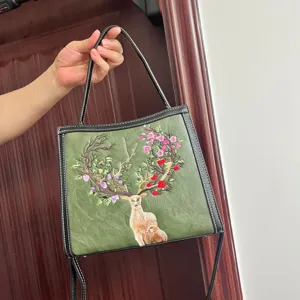 Green faux leather crossbody bag with exquisite deer embroidery, casual women shoulder bag.