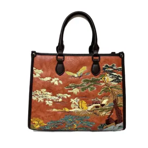 Borsa a mano tote stile cinese ricamata paesaggio, grande capacita in pelle PU vintage