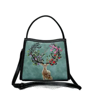 Chic Chinese style embroidered sika deer shoulder bag, retro cyan crossbody bag for women.