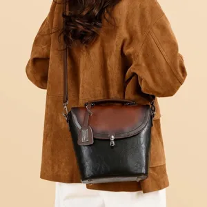 Donna borsa a secchiello bicolore retrò casual spalla tracolla borsa giornaliera da lavoro