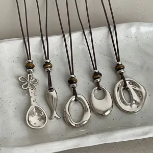 Boho Tiger Eye Stone Pendant Necklace Set Metal Flower Fish Irregular Oval Jewelry Women