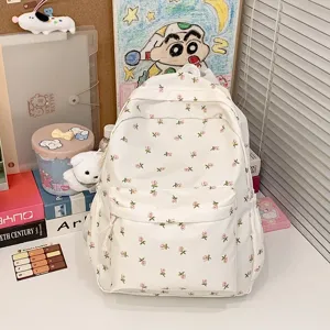 Japanse stijl bloemige zoete meisje rugzak in wit roze rozen studenten schooltas.