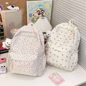 Japanse schattige bloemen schoolrugzak, leuke studenten tas met frisse print en zakken.