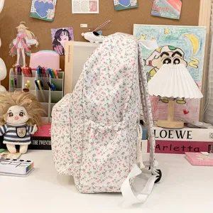 Japanse zoete bloemen rugzak voor tienermeisjes, leuke ins stijl schooltas met zakken.