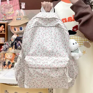 Detail van de zoete Japanse bloemenrugzak, frisse schooltas voornette jonge meiden.
