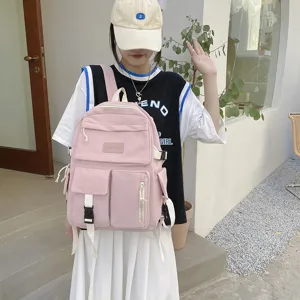 Pink nylon casual backpack large capacity lightweight school bag for daily travel use