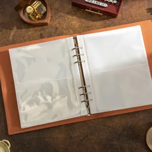 Detail view of a loose-leaf photo album with transparent pockets for DIY scrapbooking.