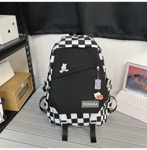 Zaino a scacchi nero e bianco borsa da scuola per studenti grande capacità casual