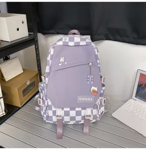 Zaino a quadri viola carino vista dettagliata, borsa scolastica di grande capacità per ragazze.