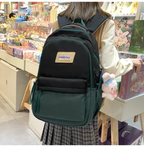 Zaino casual nero e verde da donna, borsa scolastica in stile Harajuku coreano di grande capienza.
