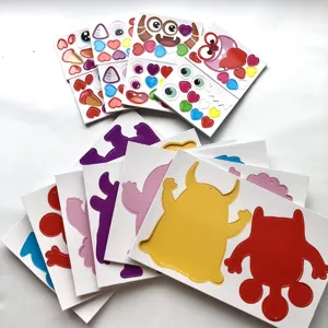 Close-up of colorful EVA foam monster sticker parts, funny face DIY puzzle details for kids.