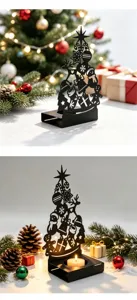 Detailed view of black metal hollow Christmas tree candle holder with festive holiday desktop decor.