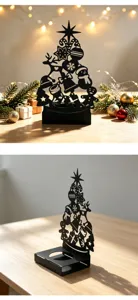 Collapsible black metal hollow Christmas tree candle holder for holiday table decor.