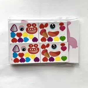 Closeup of DIY monster face sticker parts, colorful EVA foam pieces for kids crafts detail.