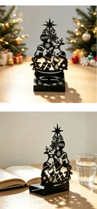 Foldable hollow metal Christmas tree candle holder, black iron desktop decorative ornament for party.