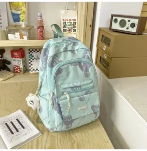 Lässiger Canvas-Rucksack für Mädchen mit niedlichem Bären-Print, Schultasche für Alltag