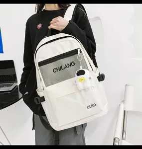 Rucksack Detailansicht mit vorderer Netztasche, Reißverschluss und Astronaut.