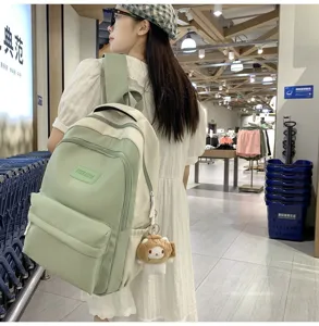 Zaino scolastico per studenti a colori contrastanti di grande capacità, elegante borsa casual verde.