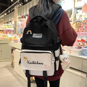 Niedlicher koreanischer Canvas-Rucksack für Schüler mit großem Kapazität Schwarz Weiß.