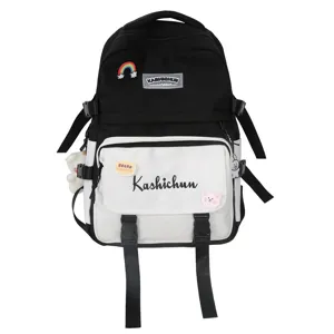 Stylischer schwarz-weißer Schulrucksack mit großem Fassungsvermögen und süßen Aufnähern.