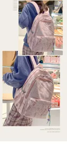 Cute ins style pink school backpack for girls, large capacity casual daily book bag for students.