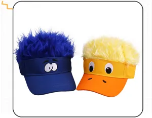 Funny wig sun visor cap with fluffy hair and cartoon eyes, creative novelty outdoor baseball hat.