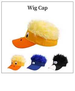 Funny wig sun visor hat with plush synthetic hair, novelty cartoon duck and penguin baseball cap.