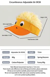 Detail view of funny wig baseball cap with adjustable size, fluffy yellow hair and big cartoon eyes.