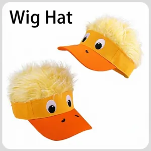 Detailed view of funny duck visor hat with spiky yellow hair and cute cartoon eyes design.