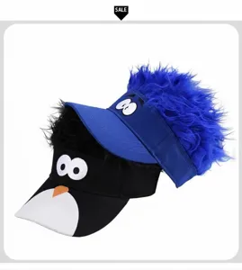 Detailed view of funny blue and black furry wig sun visor hats with cute cartoon eyes design.