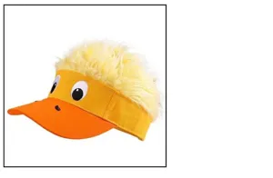 Detailed view of the funny duck sun visor with fluffy yellow wig hair and embroidered big eyes.