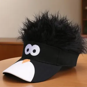 Fun novelty wig sun visor hat with cute cartoon penguin face, black hair top casual cap for adults.