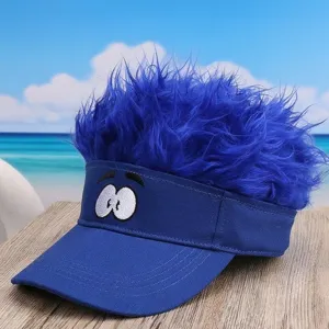 Funny blue wig visor cap with cartoon hair design, casual novelty hat for unisex use.