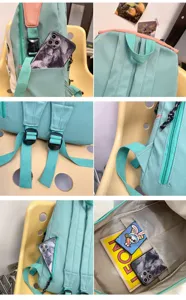 Detailed view of casual mint green backpack with adjustable straps, side pockets and zippers