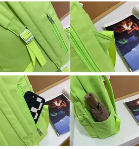 Green canvas backpack detail view showcasing straps, zippers, and side pockets for students.