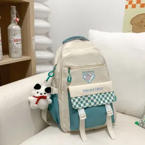 Mochila escolar casual de lona para chicas, gran capacidad con bonito colgante estético.