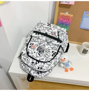 Zwart wit graffiti rugzak schattige schooltas grote capaciteit vrijetijdstas