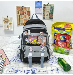 Dettaglio dello zaino scolastico in stile giapponese di grande capacità con tasca frontale.