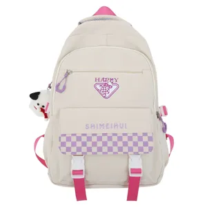 Mochila estética de lona para chicas, bolso escolar grande con diseño de cuadros rosas y morados.