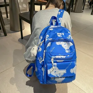 Stilvoller blauer Segeltuch-Schulrucksack mit Bärenmuster, großes Fassungsvermögen.