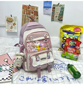 Zaino da scuola grande stile giapponese grande capacità dettaglio con tasca trasparente e spille.