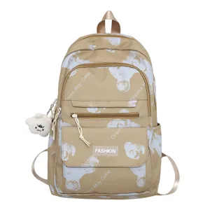 Lässiger Canvas Rucksack mit Bären Druck, große Kapazität Schultasche für junge Damen.