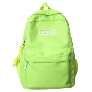 Neon green canvas college backpack for women, large capacity casual daypack daily use.