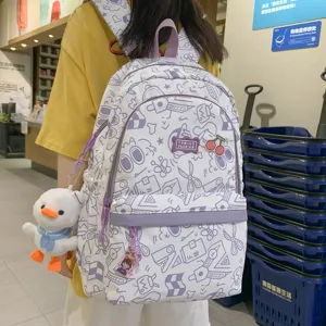 Paarse en witte graffiti schoolrugzak voor studenten grote capaciteit casual tas.