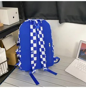 Zaino a scacchi blu e bianco, elegante borsa scolastica, grande zaino casual giornaliero.