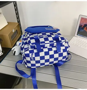Zaino Harajuku a quadri blu e bianco, grande borsa scolastica leggera e alla moda per studenti.