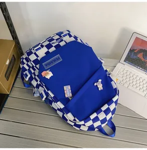 Zaino da scuola a quadri blu e bianco stile harajuku coreano grande capacita