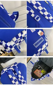 Vista dettagliata dello zaino a scacchi blu e bianco con cinghie e ampie tasche.